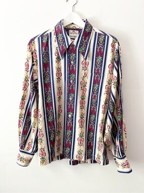 Vintage 70's Hall of Fame Floral Baroque Stripe Button Down Shirt Sharp Collar